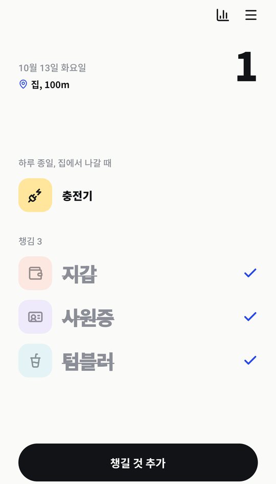 챙기GO 홈 화면: 오늘 챙길 물건 목록